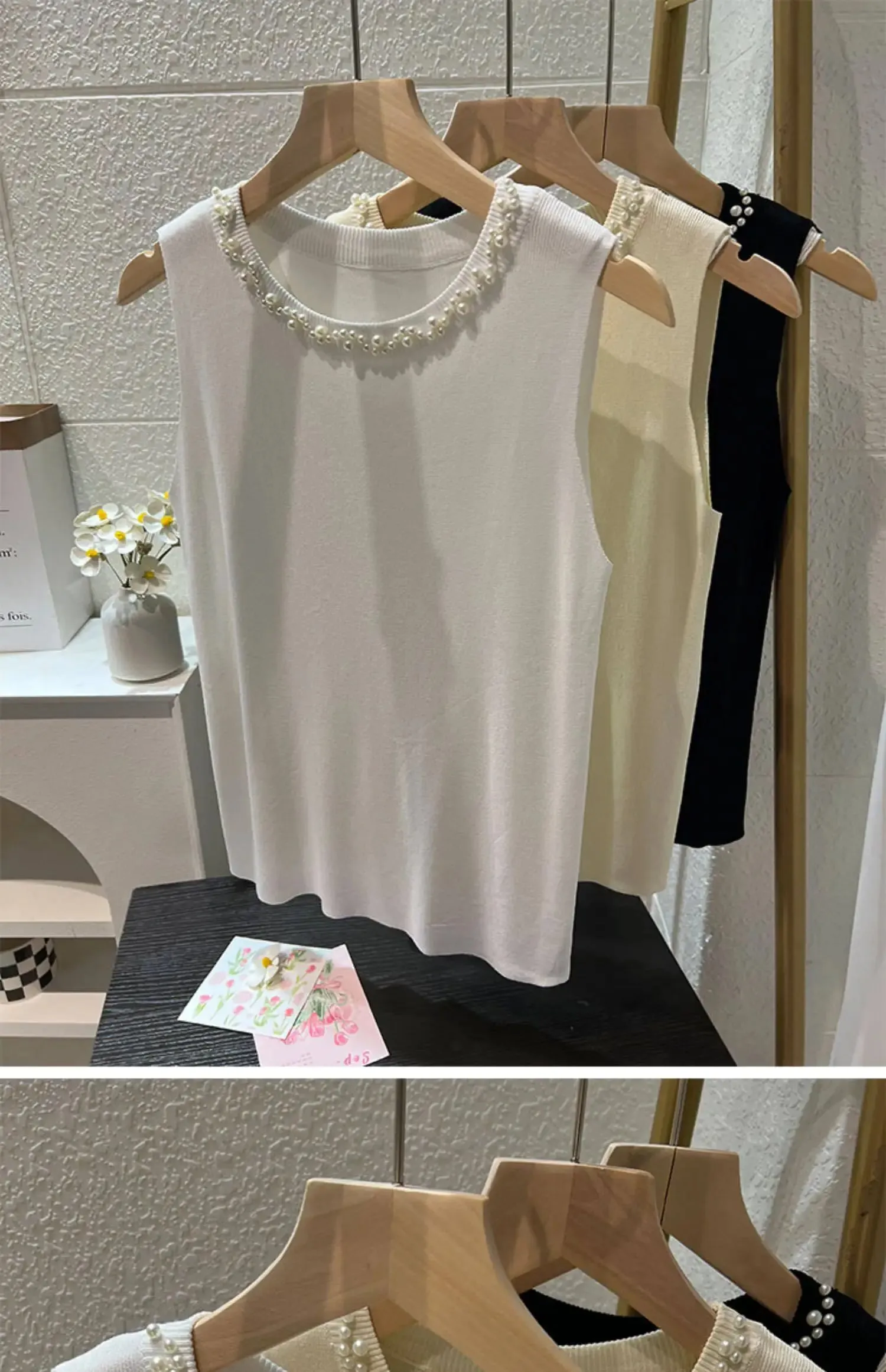 White Women Camisole 2026 New Summer Slim Thin Ice Silk Knit Vest Trendy Beaded Decor O-Neck Sleeveless Tank Top