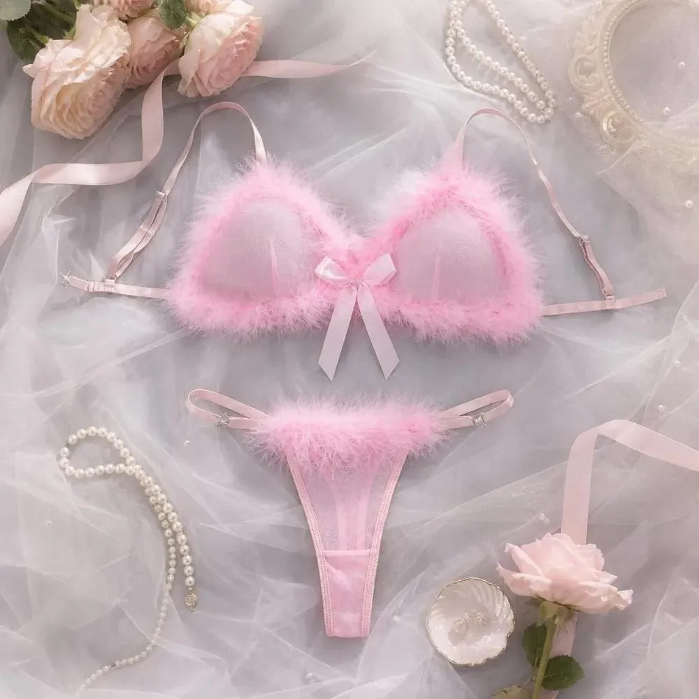 Furry Women's Underwear Mesh Transparent Bow Decor Lingerie Set Romantic Intimate Wireless Bra Panties Suit Intimate Moments