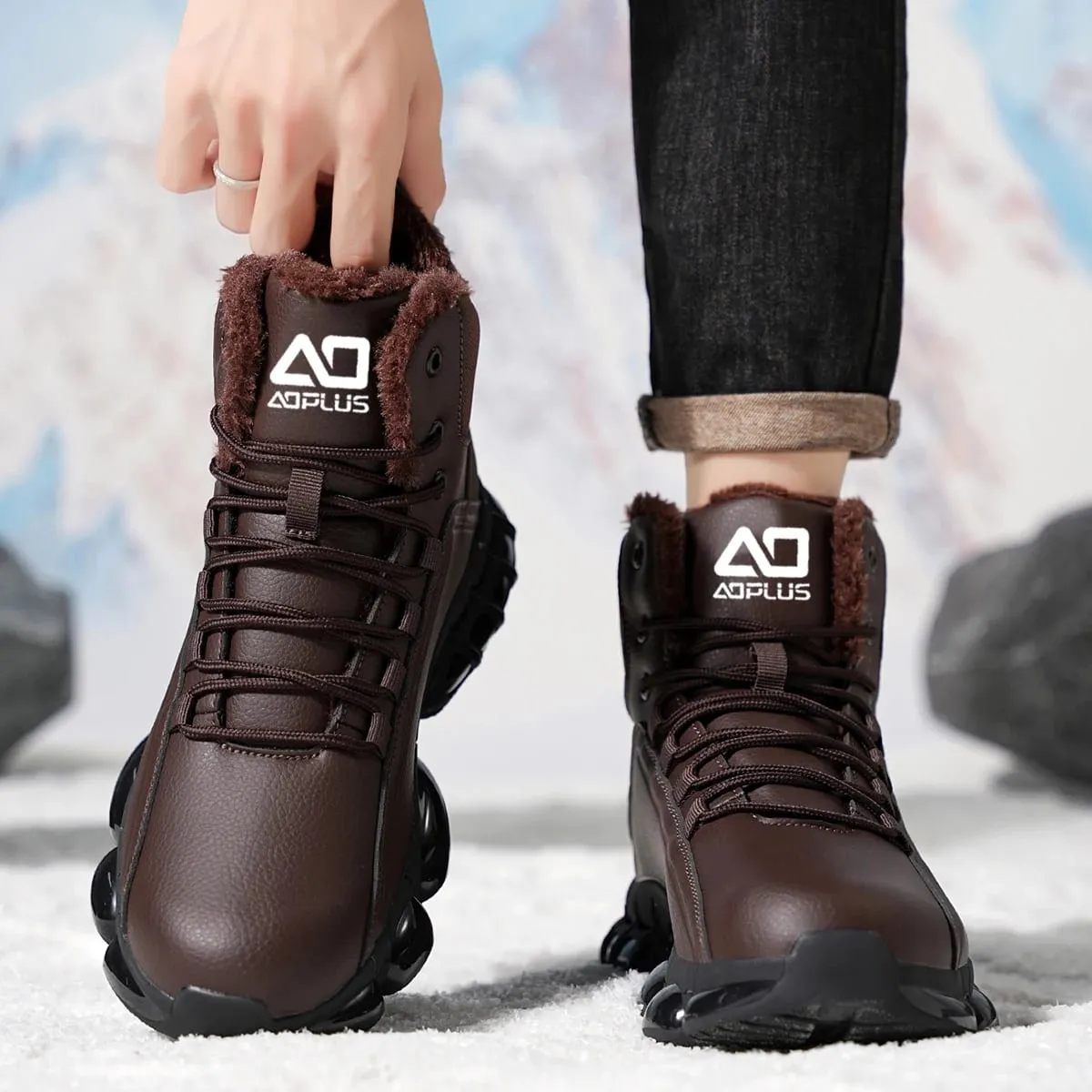 Men Autumn Winter High‑Top Fleece‑Lined Snow Boots Warm Casual Sneakers Non‑Slip Outsole for Hiking Outdoor Snow‑Day Activities