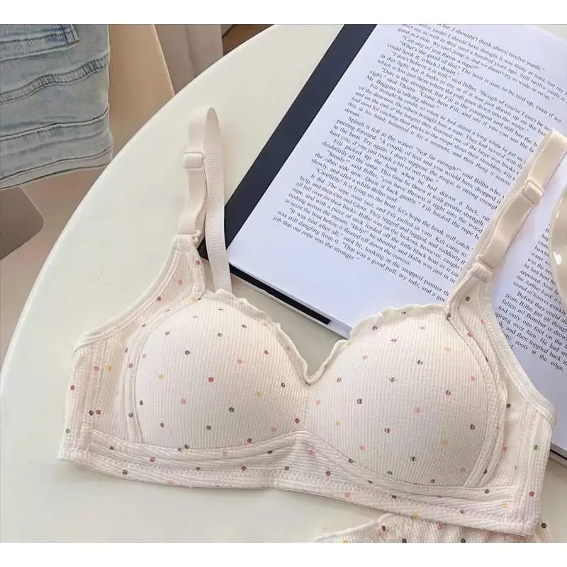 White Polka Dot Wireless Bra for Teens Push Up Bust Retraction Support Non Padded Bralette Set Small Chest Anti Sagging MOYISU