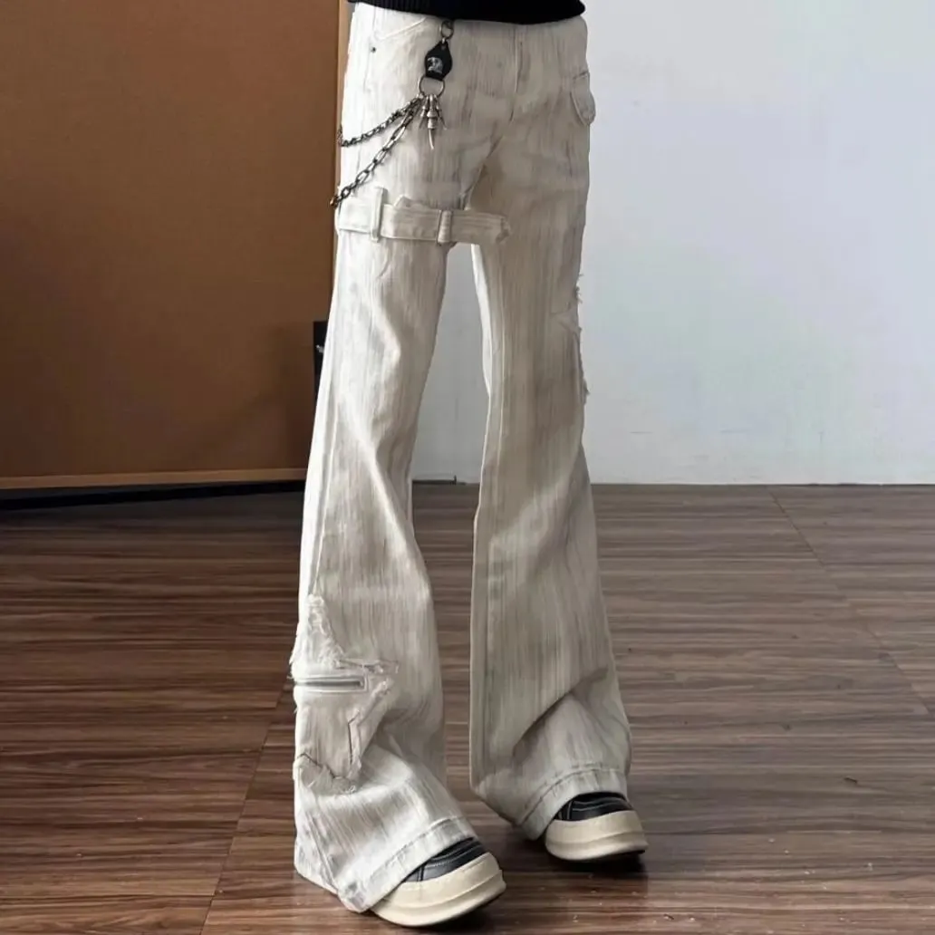 Women American Retro Y2K Flare Jeans White Washed Patchwork Y2K Vintage Hrajuku Punk High Waist Slim Streetwear Denim Pants