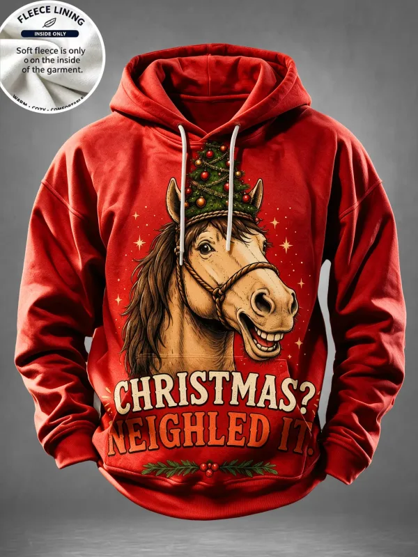 Men Fleece Lined Hoodie Comic Santa Christmas Print Pullover Hooded Sweatshirt Casual Winter Hoody