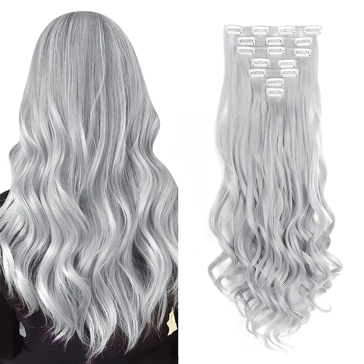 Synthetic 24Inch 16Clips Long Curly Hair Extension Heat Resistant Hair Extension Clips In Ombre Black Brown Blond Women