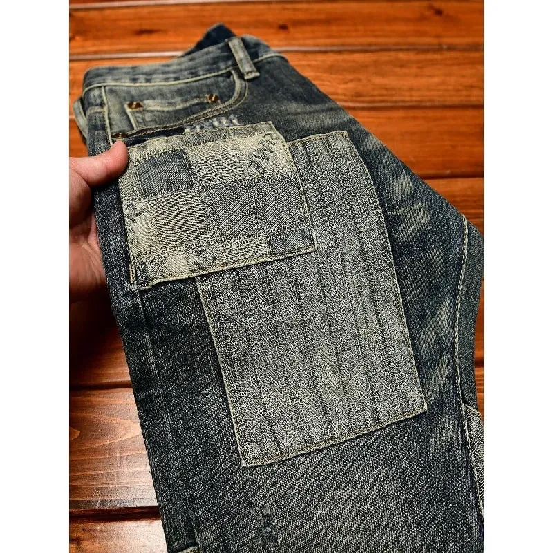 Retro and nostalgic patchwork design jeans for men trendy and fashionable street men's clothing slim fit small foot long pants