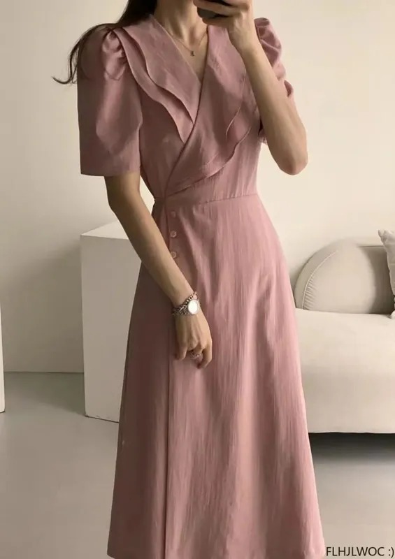 Sydkorea Chic midiklänning Kvinnor Sommar Japanstil Retro Vintage Design Volanger Rosa One-Piece Spetsklänning FLHJLWOC Vestidos