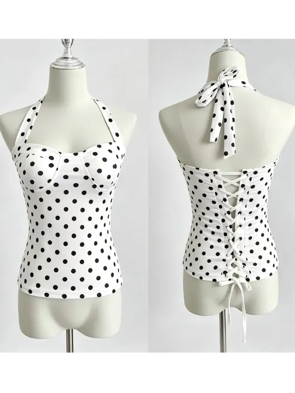 Women's Polka Dot Ruched Back Bodysuit-style Retro Tie-up Strappy Top Sweet Y2K Party Streetwear Ladies Top