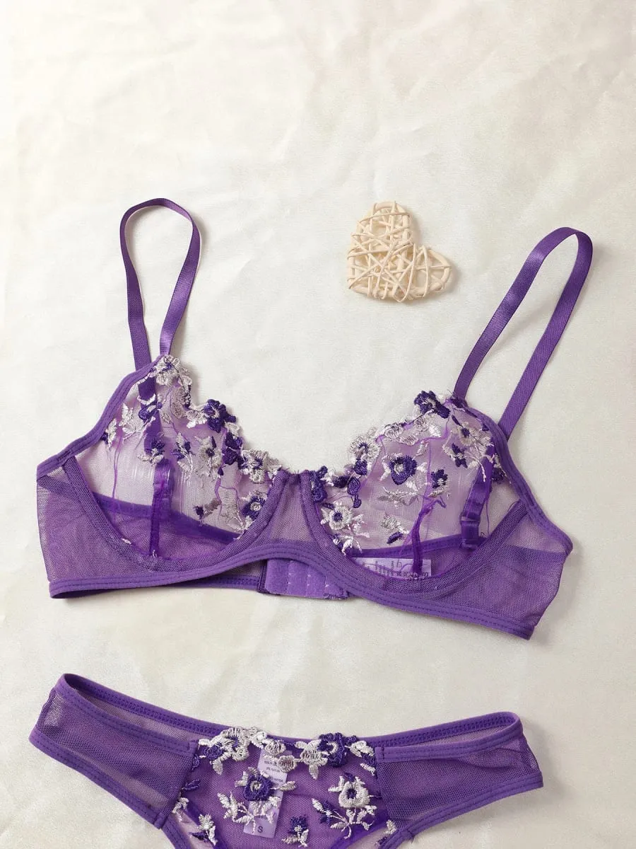 Purple Fancy Lingerie Set Female Underwear Embroidery Flower Bra And Panty Sets Women Outfits