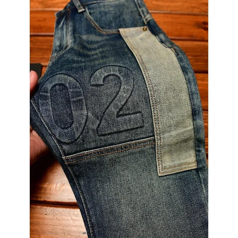 Fashionable high-end jeans for men slim fit small feet washed retro patchwork design trendy and luxurious men's pants