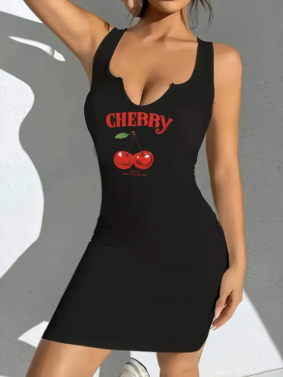 2026 Casual Sexy Cherry Print Round Neck Vest Dress Spring and Summer Casual Sleeveless Tight Fitting Dress Women's Dress