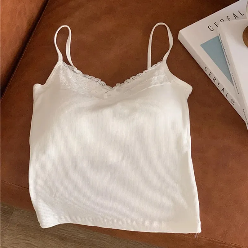 Colete feminino de verão, sem mangas, renda, ombro de fora, sexy, slim, com almofada no peito, regata elegante, y2k, camisola acolchoada feminina