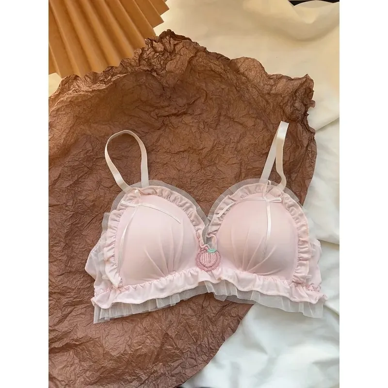 Japanese Kawaii Sweet Lingerie Set French Sheer Mesh Thin Wireless Triangle Cup Bra Panties Set Soft No Underwire 32‑38 Bra Set
