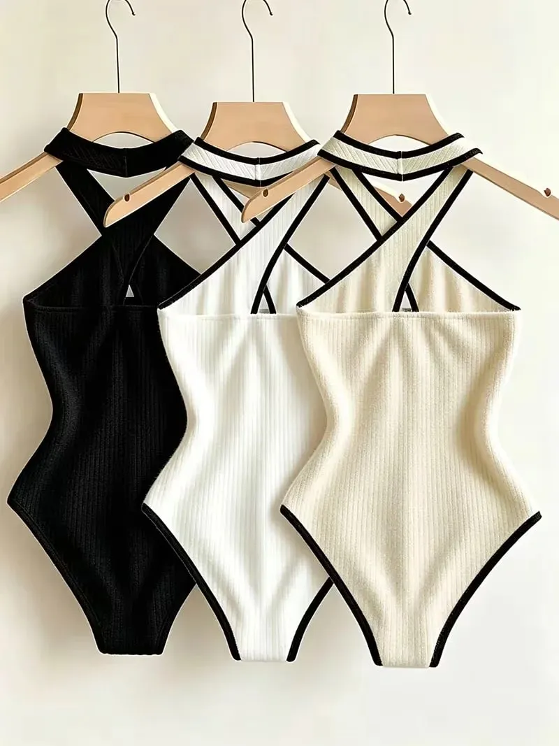 3pc Y2K Fashion Halter Bodysuit Criss Cross Neck Cutout Ribbed Knit Contrast Trim Slim Women Sleeveless Body Suit Club Outfit