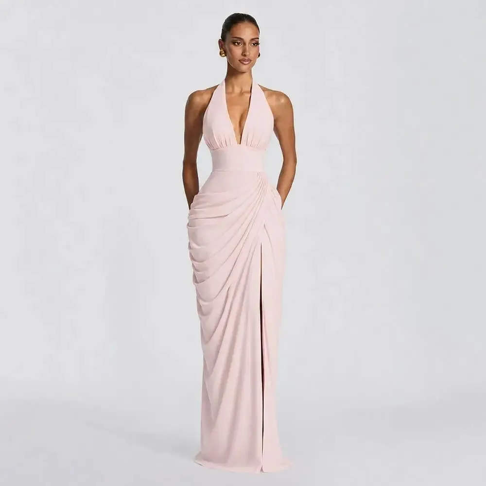 Sexy Women Solid Halter Maxi Dress Elegant Deep V Neck Sleeveless Ruched High Slit Dresses Evening Party Fashion Female Clothing