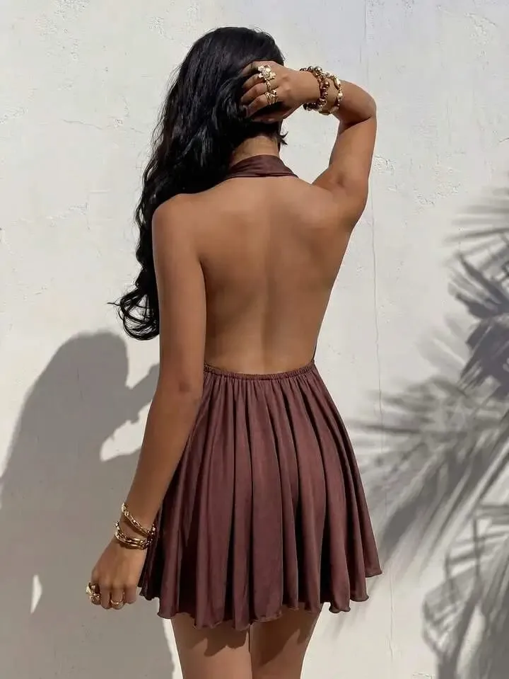 Elegant Women's Spring Summer Vacation Style Solid Color Hanging Neck Strap Backless Deep V-Neck Sexy Fashion Dress
