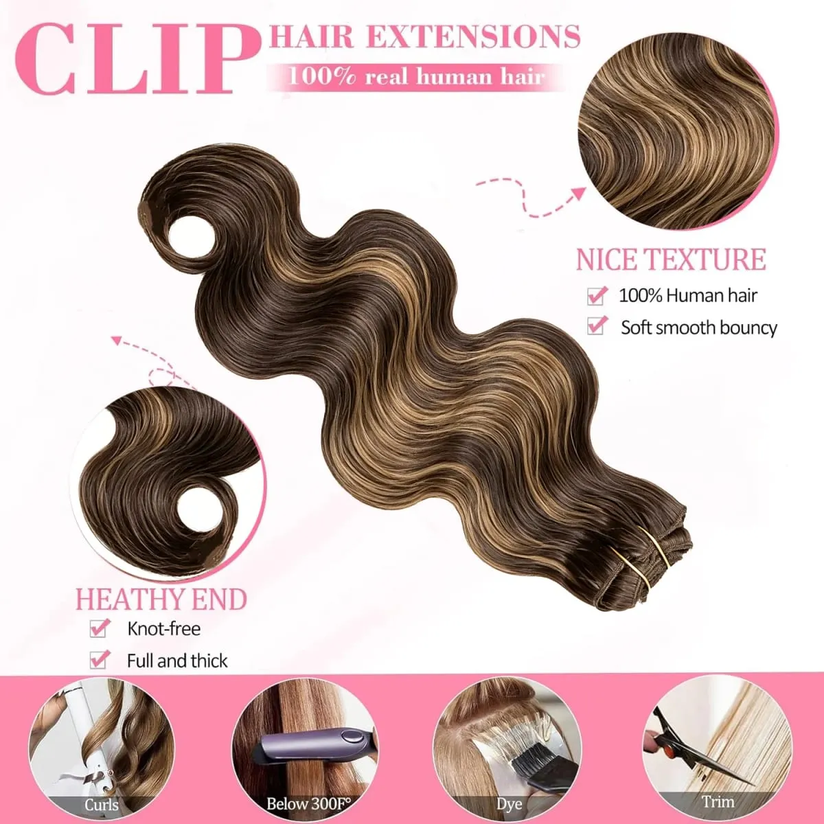 Highlight 4/27 Body Wave Clip In Hair Extensions 100% Human Hair 120g/8pcs Full Head Clip Ins Human Hair Extensions For Woman