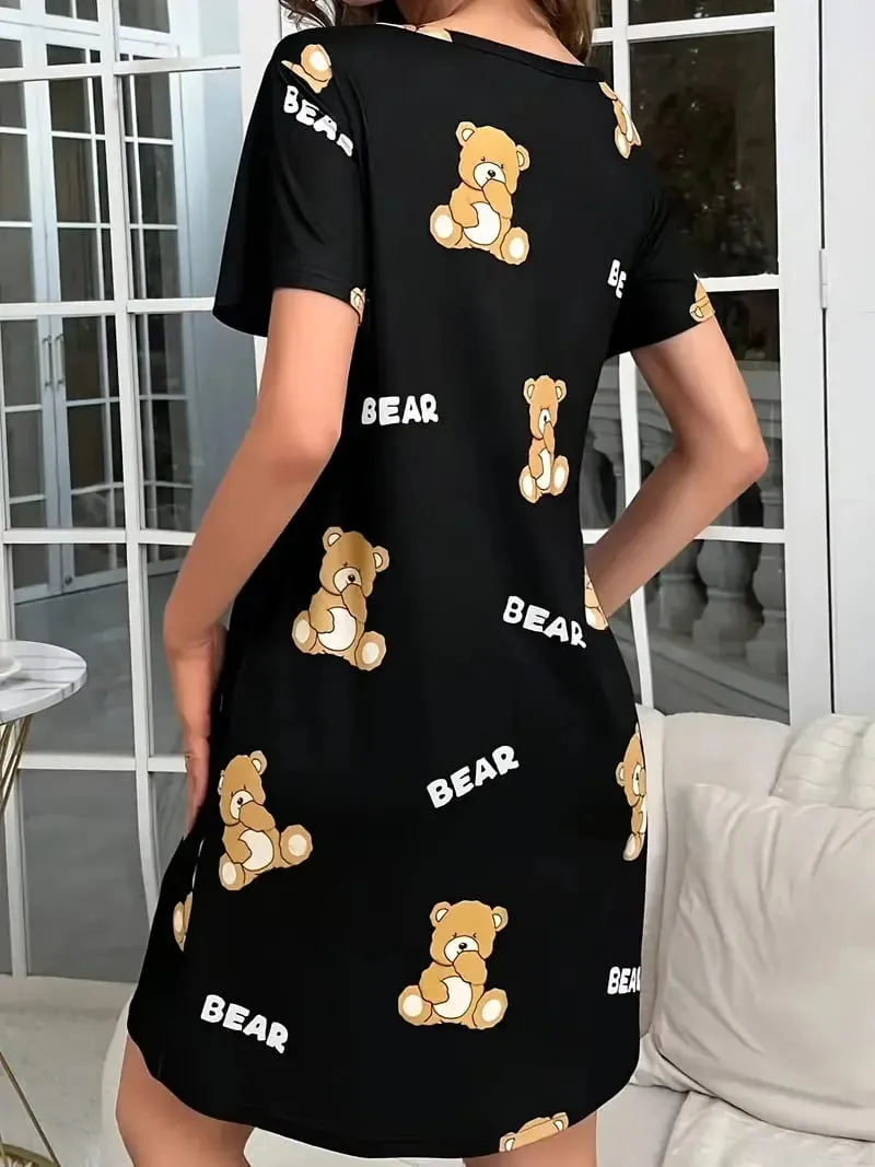 Women's Spring/Summer Fashion Bear Print Mid-Length Dress - Suitable for Daily Wear