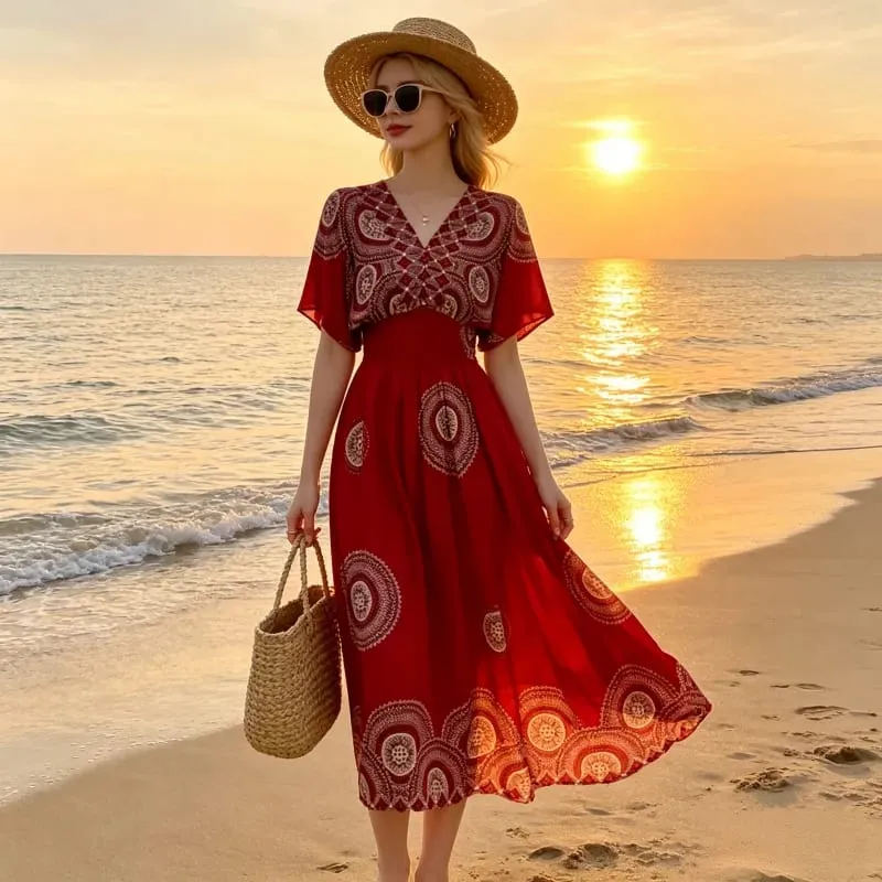 Boho Holiday Women V-Neck Batswing Short Sleeve A-Line Midi Dresses Slim Elastic Waist Casual Vintage Office Lady Elegance Dress
