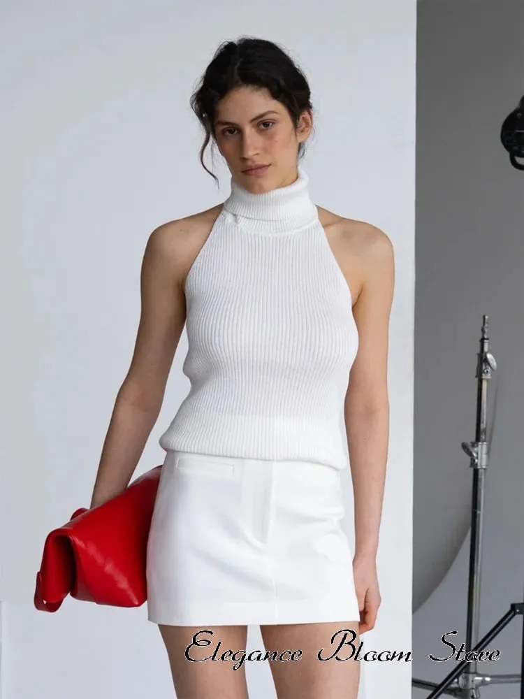 Solid Color Knit Sleeveless Tank Top Women High Neck Backless Slightly Fitted Cropped Vest Minimal Daily Fashion Casual Outfit