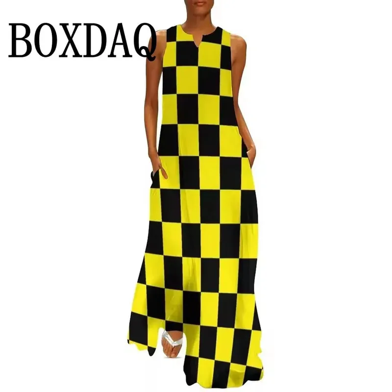 Retro Kontrast Renk 3D Baskı Elbiseler Kadınlar Için 2025 Yaz Moda Sokak Giyim Gevşek Plaj Uzun Elbiseler Rahat Tankı Maxi Elbise