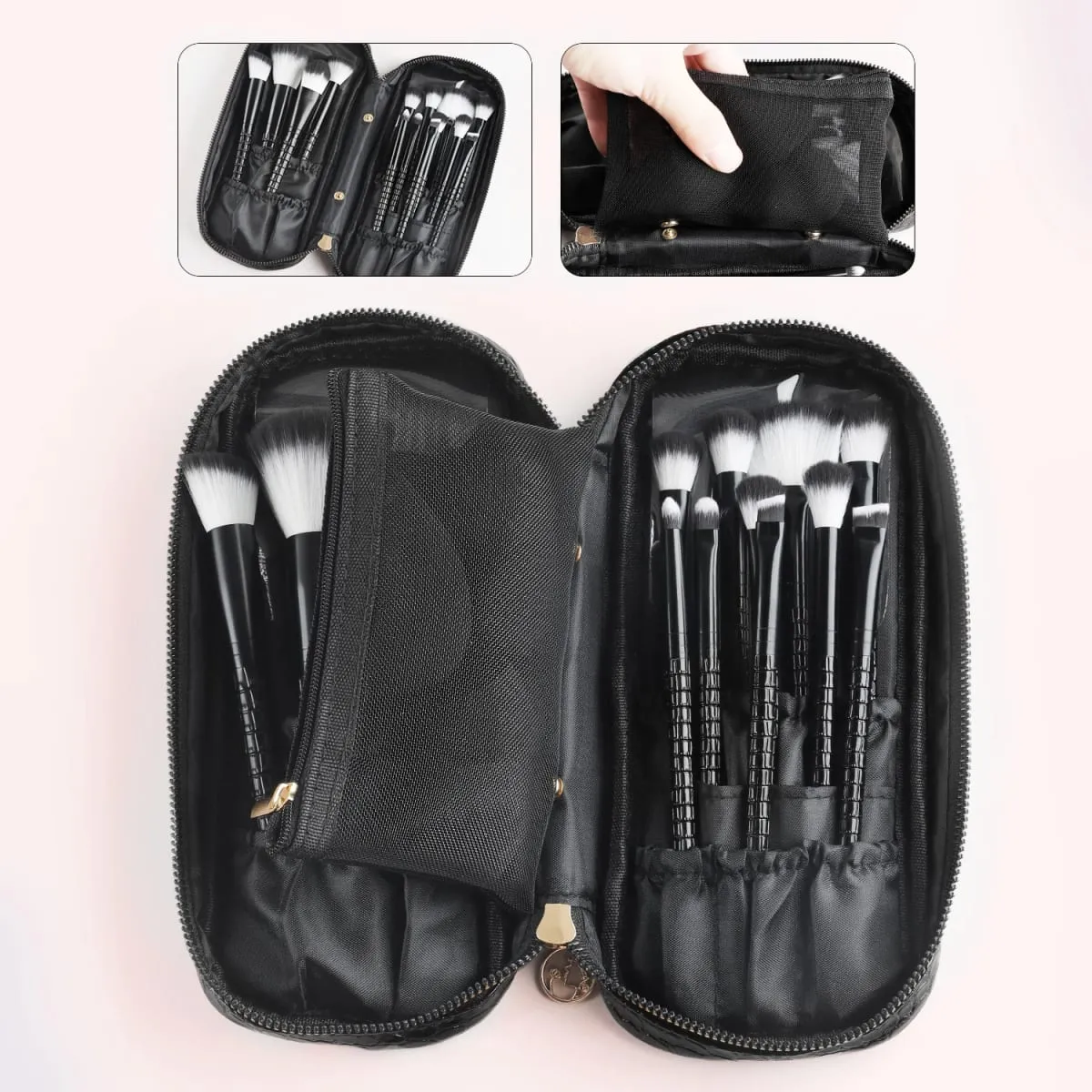 15Pcs Complete Makeup Brush Kit with Bag & 2 Beauty Sponges Face Eye Brushes for Beginners & Artists