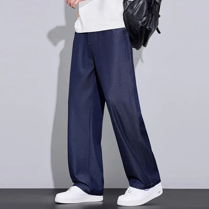 Men's Summer Lyocell Thin Wide Leg Jeans Ice Silk Cool Breathable Elastic Waist Casual Streetwear Denim Pants Daily Wear for Men