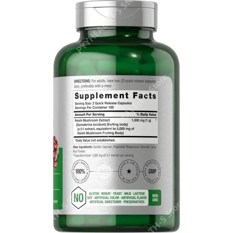 Reishi Mushroom Capsules | 200 Count | Non-GMO and Gluten Free Extract Supplement