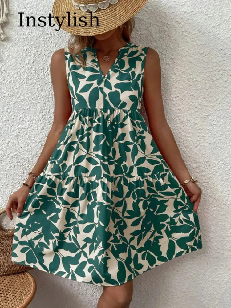 Gaun Mini Gambar Boho Wanita Gaun Tank A Line Ruffle Leher V Tanpa Lengan Elegan Musim Panas Gaun Sundress Pesta Pantai Ukuran Besar Longgar Kasual