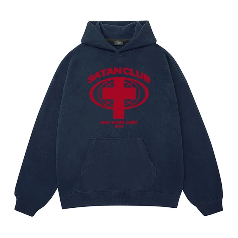 Harajuku Streetwear Oversized Ανδρικό πουλόβερ με κουκούλα Satan Club Φούτερ με κουκούλα γραφικών τύπων Φούτερ Hip Hop Αισθητικά μπλουζάκια Goth Y2k