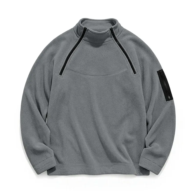 Men Fleece Stand Collar Sweatshirt Diagonal Zipper Arm Pocket Long Sleeve Loose Casual Pullover Autumn Winter Outdoor Tops