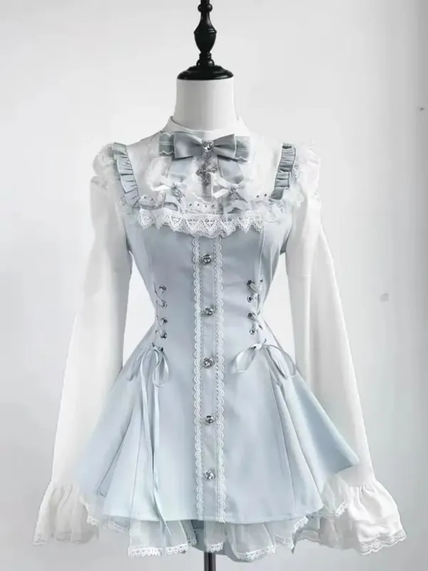 Sweet Lolita Style Lace Pearl Cute Print Shirt Dresses Japanese Kawaii Bow Dress Set Gothic Y2k Tea Party Women Dress 2025 New
