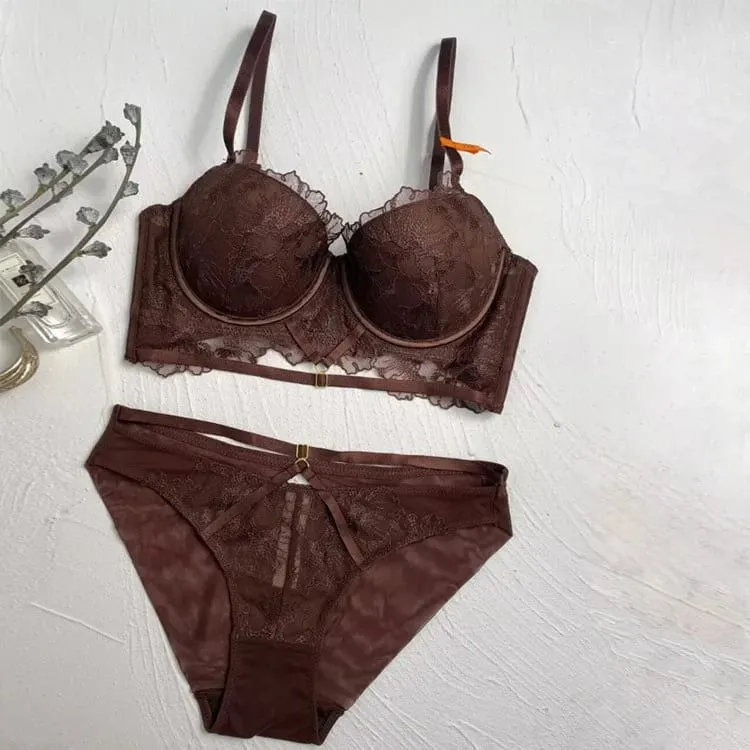 högkvalitativa sexiga spetsar dam-bh:ar och kort tvådelat set push up B C D kupa tråd sommarunderkläder underkläder svart vit lila