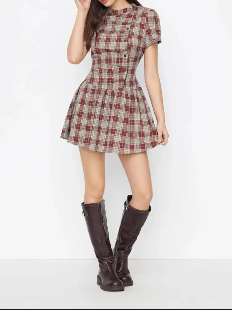 Women's Vintage Plaid A-Line Dress Short Sleeve Stand Collar Button down Pleated Mini Dress Casual Elegant Fashion