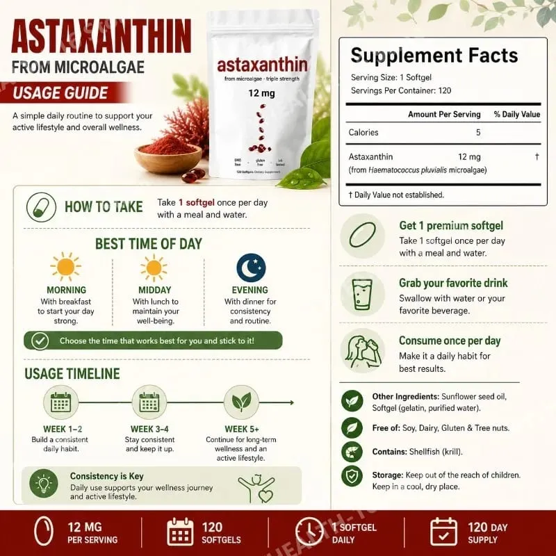 Astaxanthin 12mg Triple Strength Softgels Antioxidant for Eye Skin Joint & Immune Health From Haematococcus Pluvialis 120ct