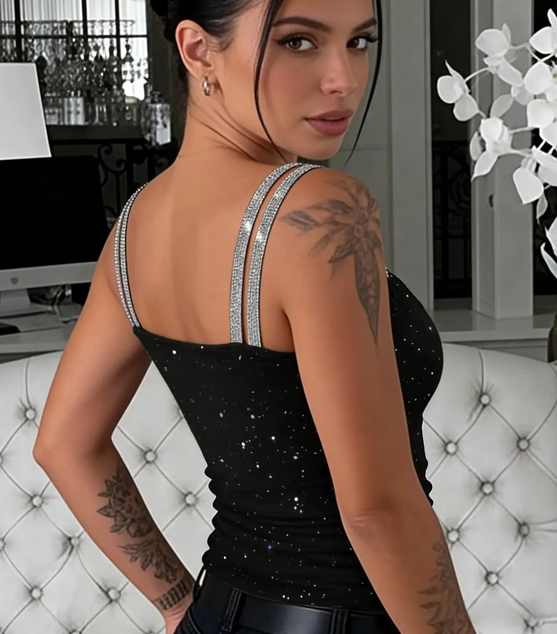 Women's Black Sparkly Glitter Cami Top Double Rhinestone Straps V-Neck Spring Summer Slim Fit Sexy Party Fashion Casual Tank Top