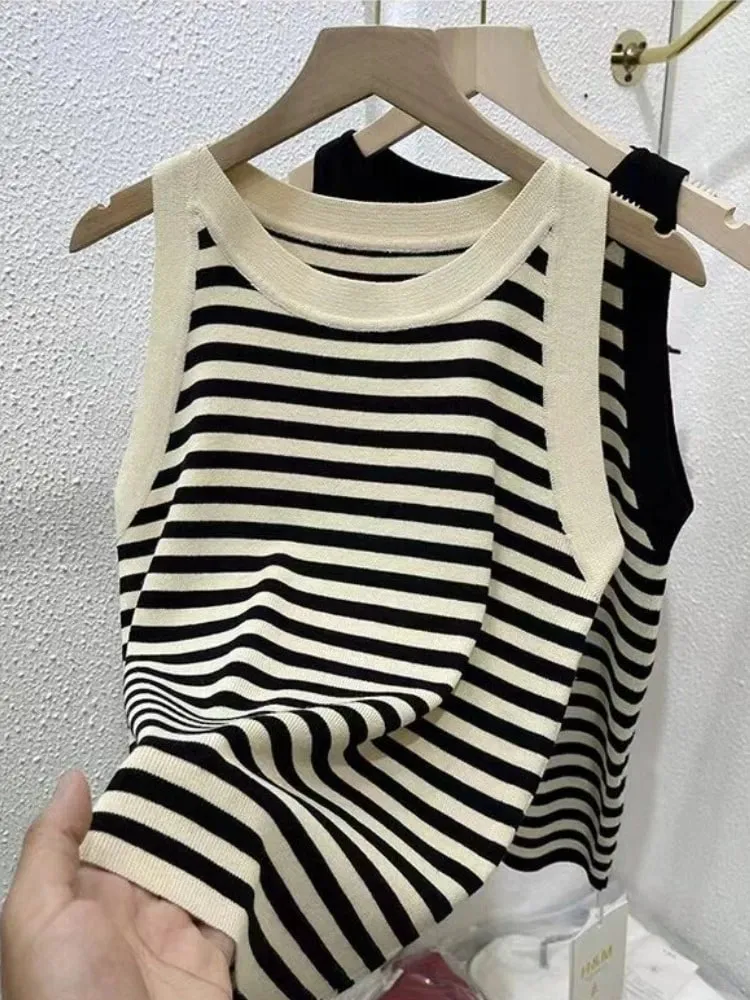 2026 Spring Summer Women Striped Tank Tops Slim Fit Sleeveless Color Blocking Vest Casual Versatileb Base Layer Cami Top