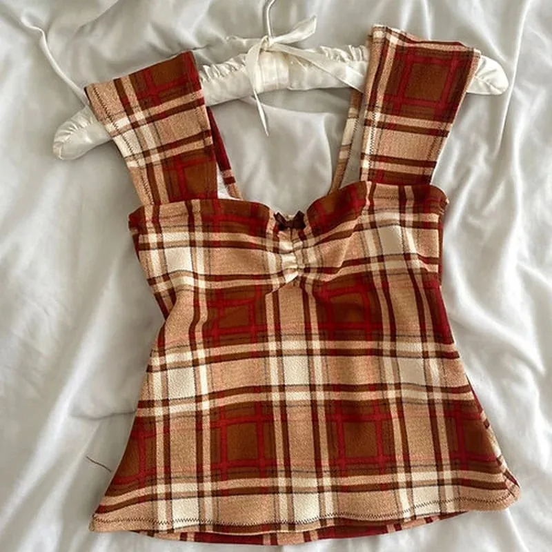 Summer Women Y2k Cottage Tank Top Vintage Plaid/Stripes Print Square Neck Cami Crop Top Party Club Vest 00s Retro Shirt