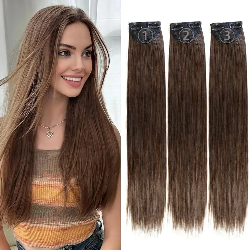 3PCS Thick Light brown Long Straight Set 24inch Synthetic Clip in Hair Extensions for Women
