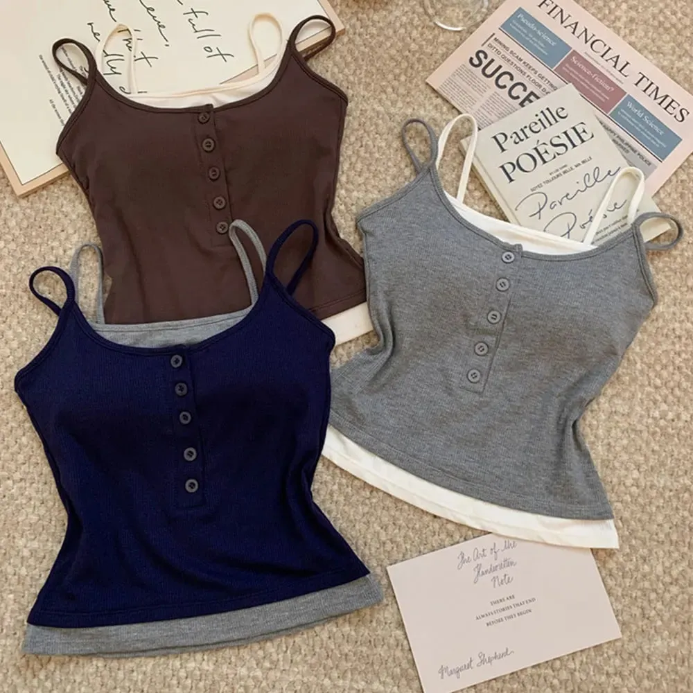 Canotta casual in due pezzi finta a strati Y2K Canottiera in maglia a costine Canottiera slim fit senza maniche con imbottitura sul petto per l'uso quotidiano