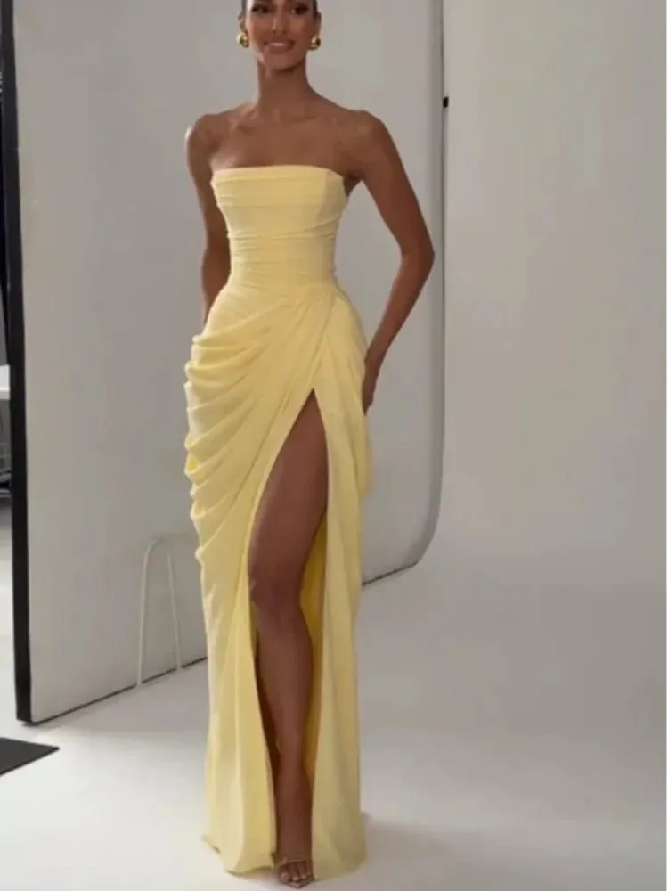 Elegant Yellow Strapless Pleated Dress Women Chic Sleeveless Waist Cinching Split Maxi Gowns Lady Evening Party Dresses 2026 Bago