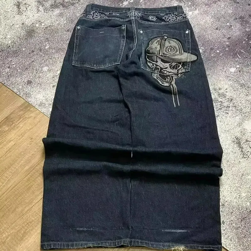 American Y2K Hip Hop Fashion Trend Skull Embroidery Spot Jeans Men Street Loose Straight Wide-leg Pants Couple Oversized Jeans