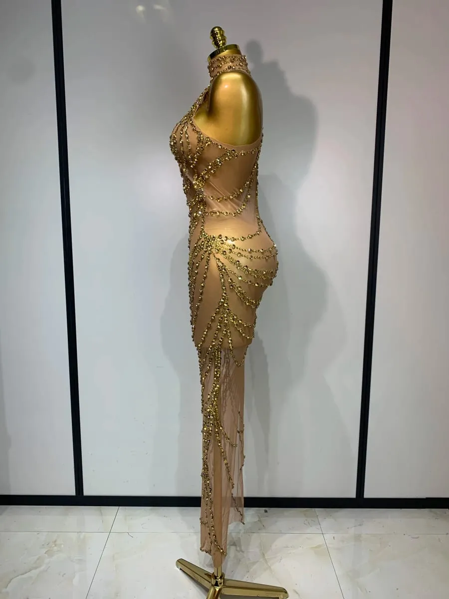 Sparkly Strass Sexy Transparent Mesh Lange Kleid 2025 Frauen Luxus Geburtstag Club Party Kleid Bühne Sängerin Leistung Kostüm