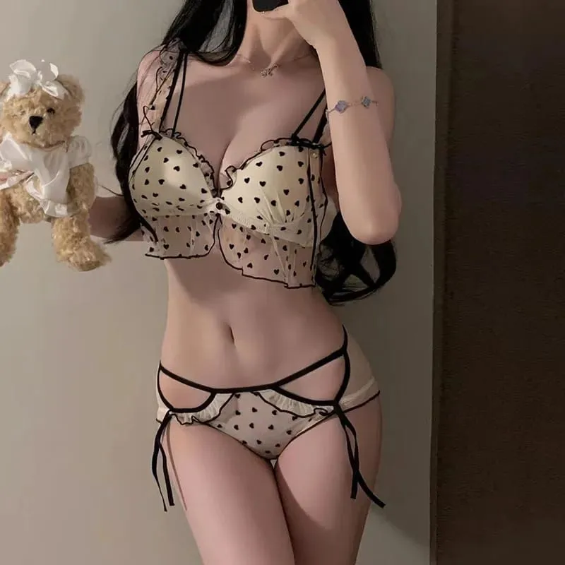 Polka Dot Lace Bra Set Japanese-style Girl Polka-dot Bra Set Push-up Bra For Small Busts With Cute Lace Women's Sexy Lingerie
