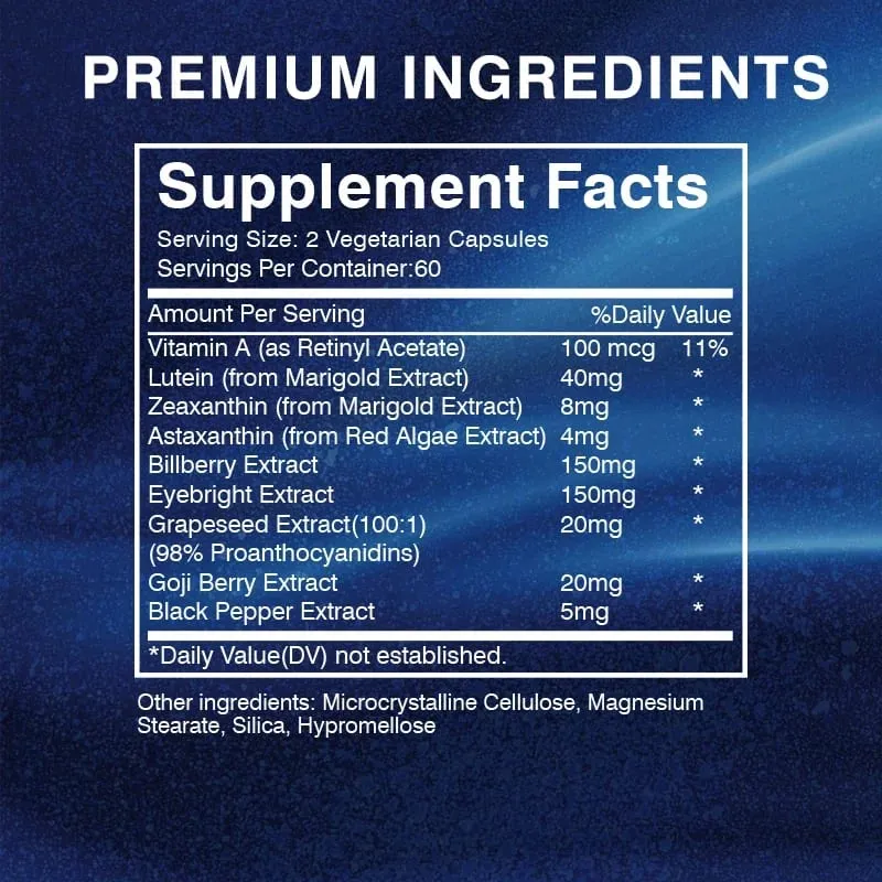 Lutein Takviyesi - A Vitamini + Yabanmersini Eyebright + GO JI Wolfberry Göz Yorgunluğunu ve Kuruluğunu Gidermek İçin Kapsüller