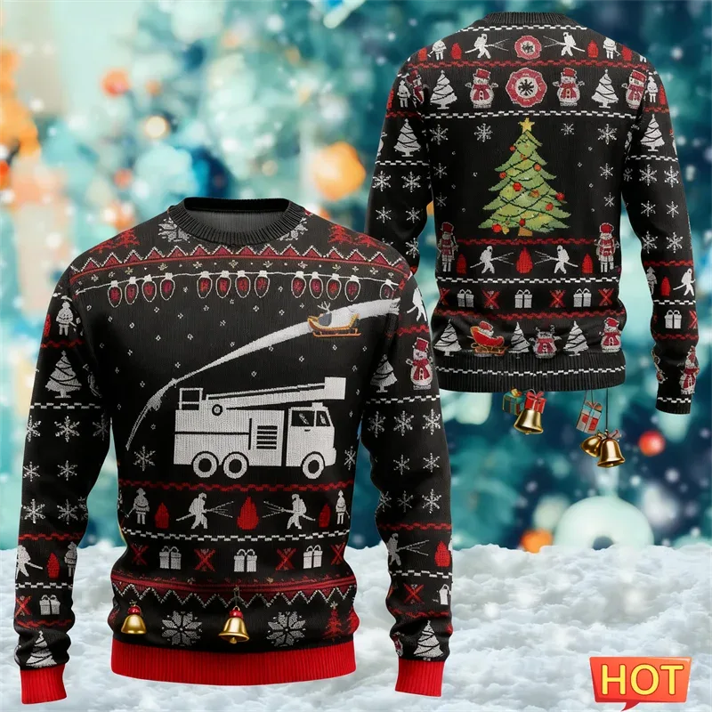 Fashion Fire Truck Graphic Ugly Christmas Sweater For Men Trendy Streetwear 3D Printed O Neck Sweatshirts Loose Streetwear Tops — image 3