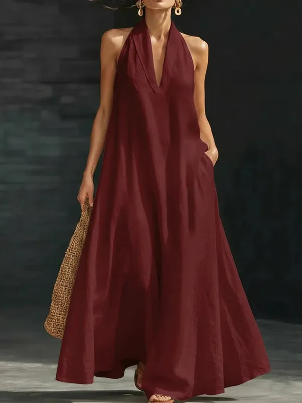 Women's Casual Dresses Sexy Solid V Neck Pocket A-Line Long Dress Spring Summer Sleeveless Loose Beach Vacation Maxi Mujer Dress