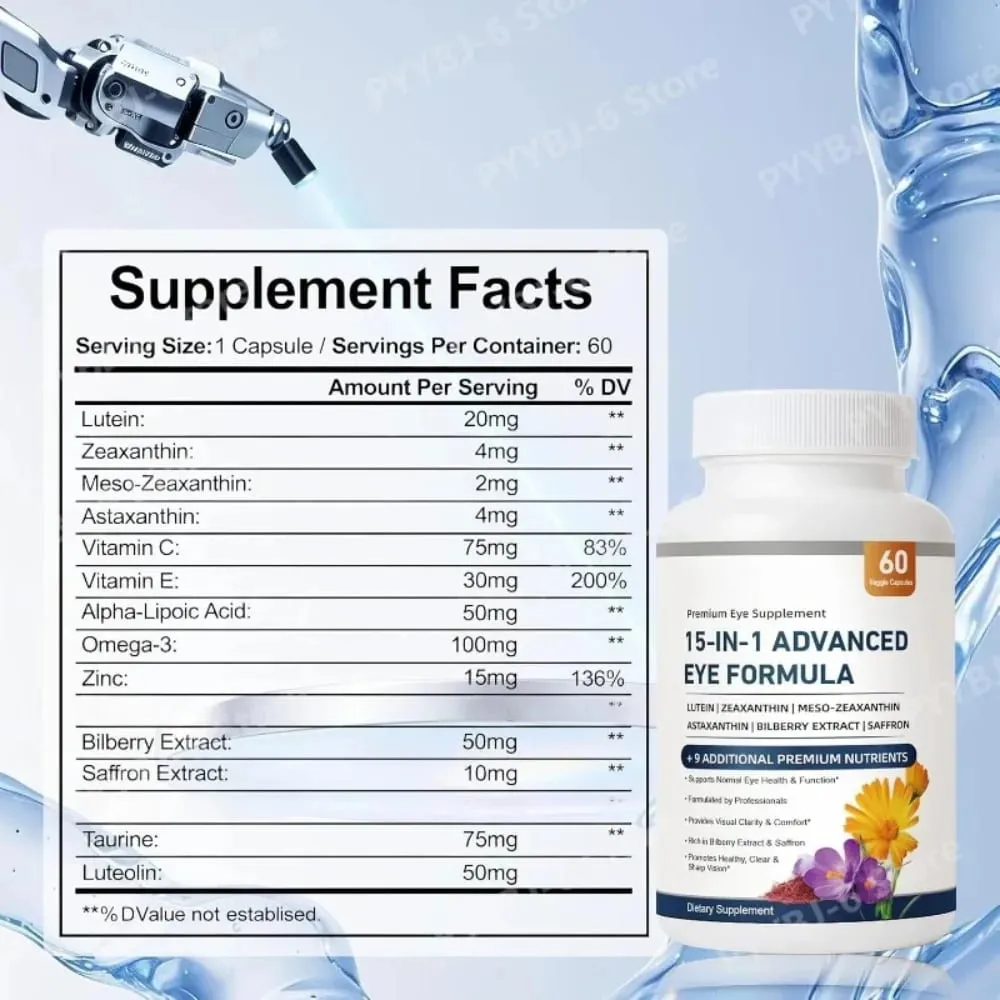 15-in-1 Advanced Eye Formula with Lutein Zeaxanthin Astaxanthin Bilberry & Saffron Visual Comfort Support 60 Capsules