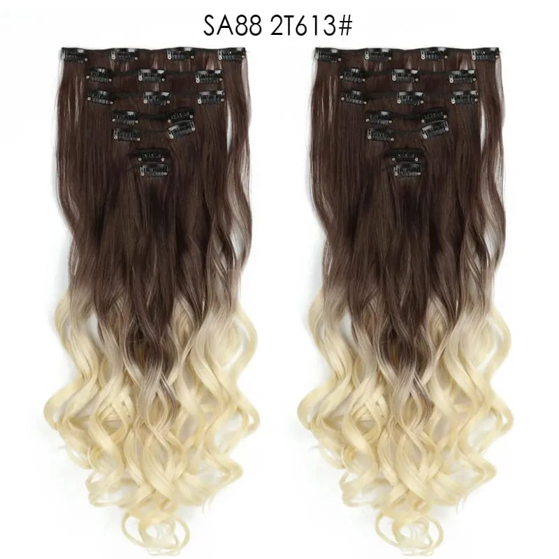 Clip in Long Wavy Synthetic Hair Extension 22 Inch 7PCS Thick Hairpieces Fiber Double Weft Hair for Women