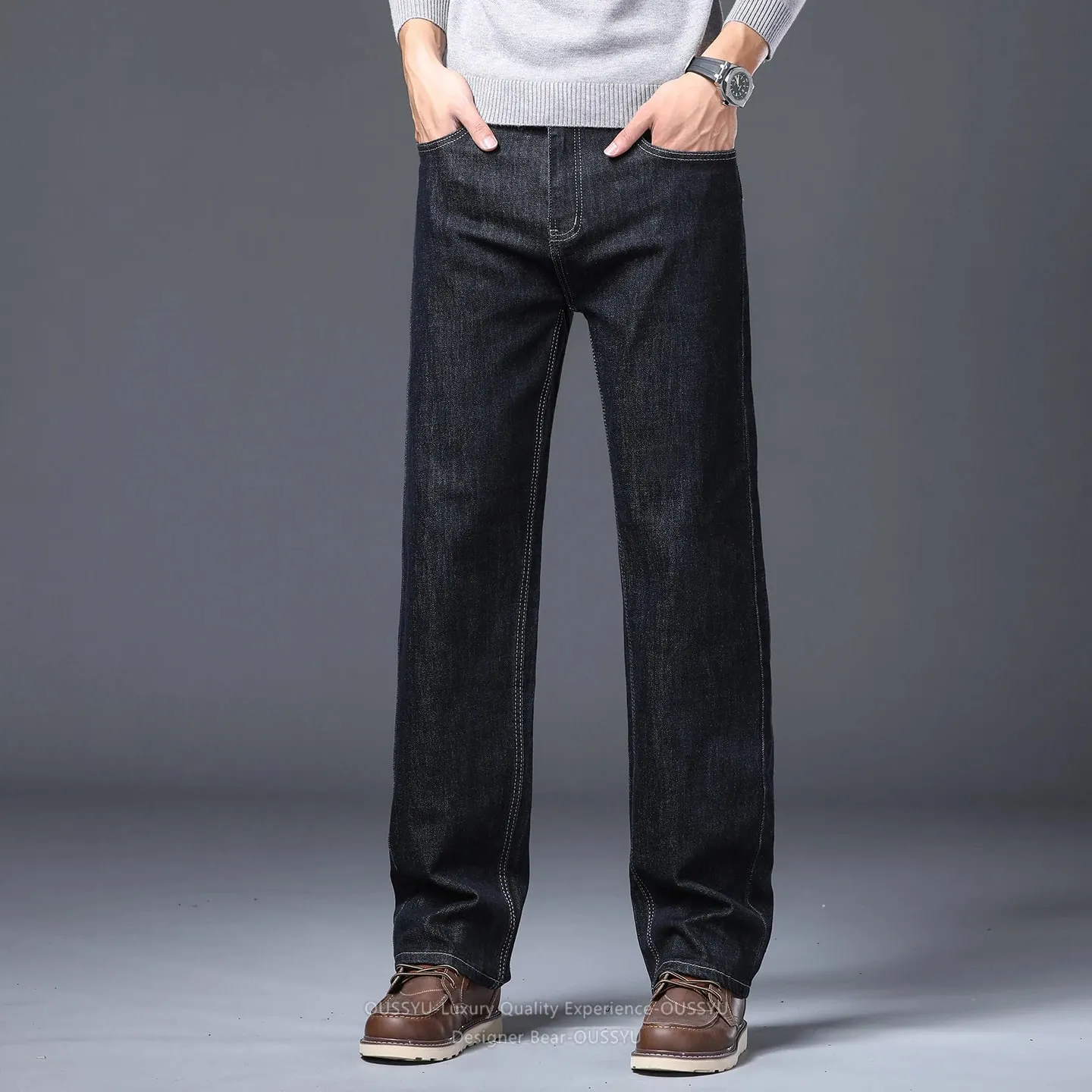 High Quality Autumn Winter Baggy Men's Jeans Loose Straight Cotton Business Thick Casual Solid Color Trousers Male Plus Size 40
