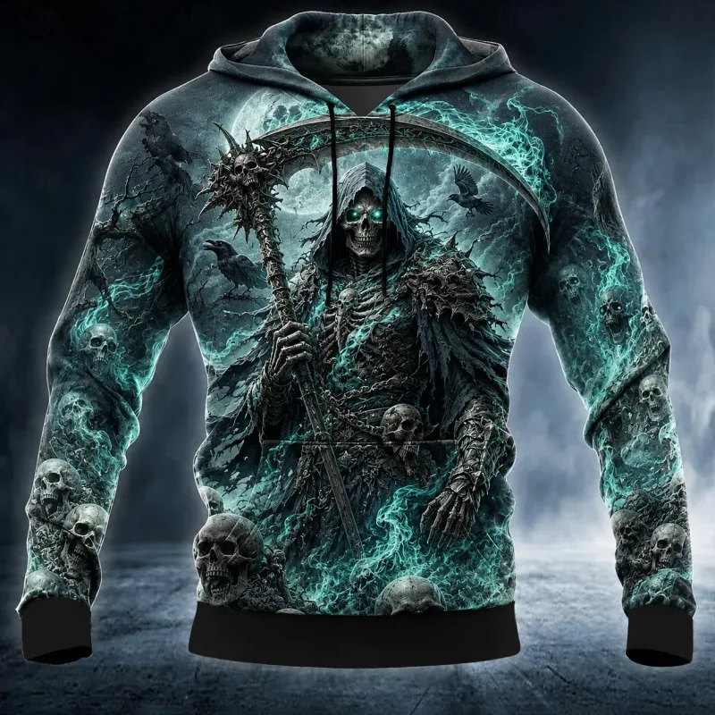 Men's Halloween Grim Reaper 3D Printed Hoodie, Skull Raven Gothic Graphic Sweatshirt, Long Sleeve Streetwear Men Clothing