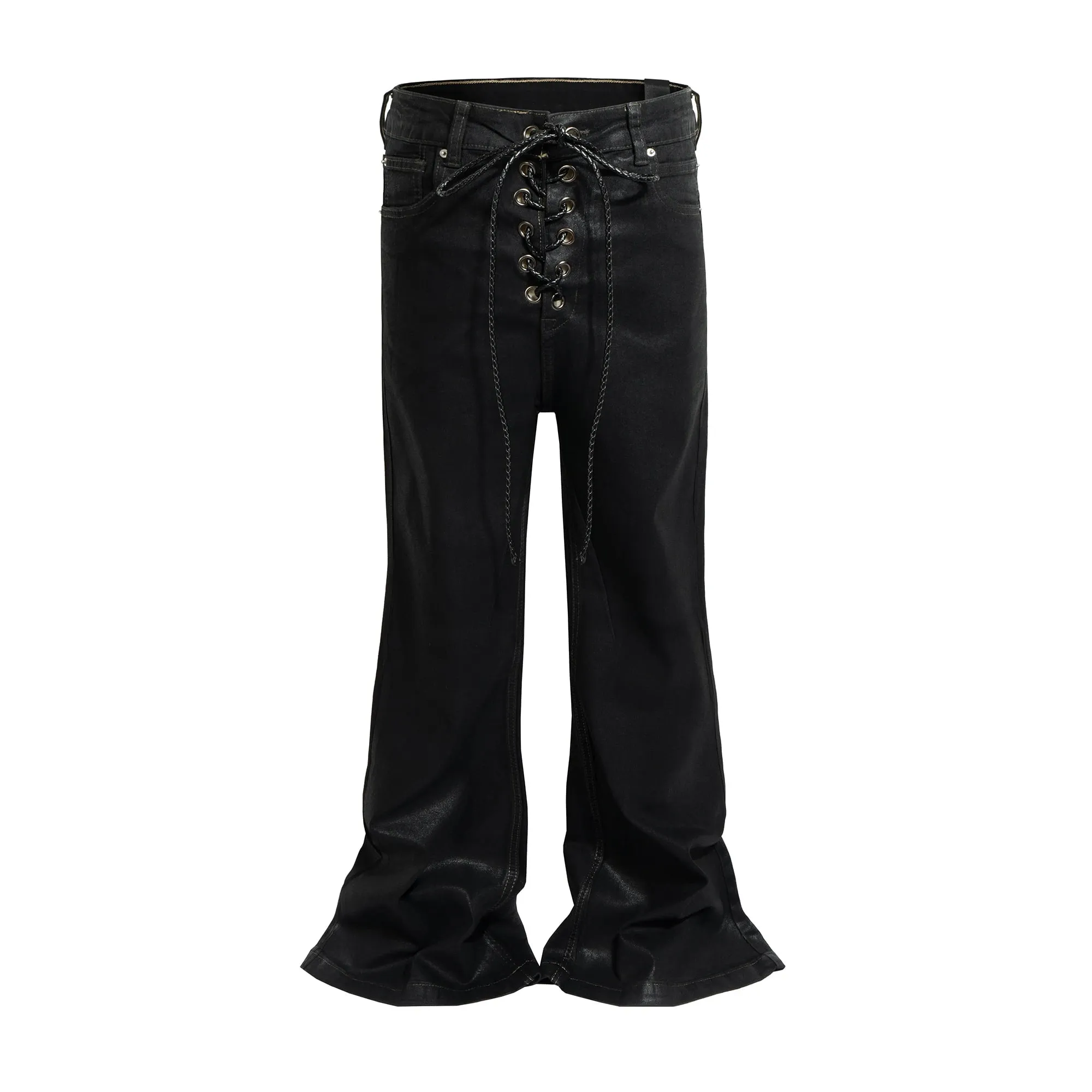 Vintage Batik Coating Sort Slim Fit Flare Jeans Elasticitet Stretch Ribbon Y2k Streetwear Casual Skinny Bell Bottom Jeans